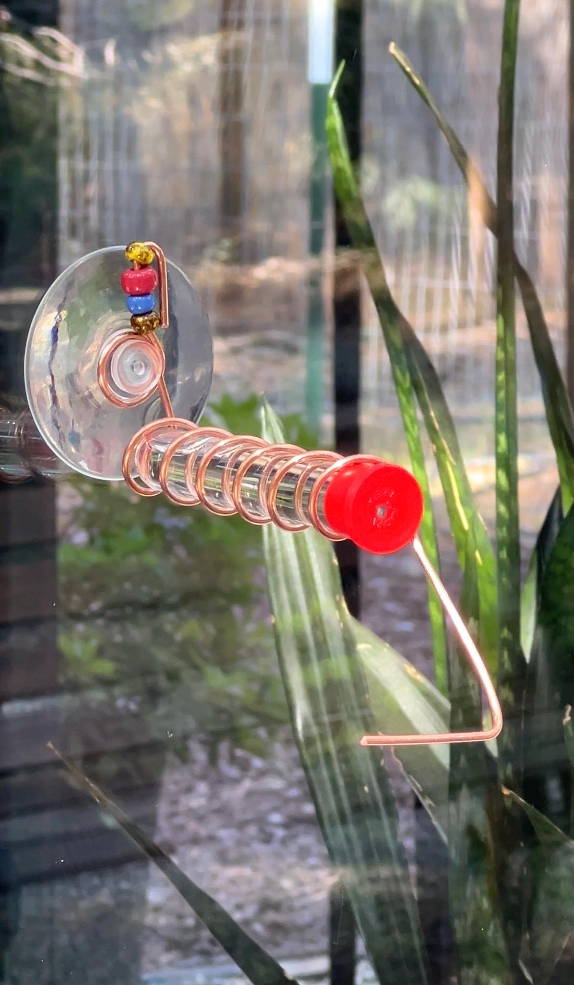 Test Tube Hummingbird feeder for window, Suction cup mount and Copper hummingbird feeder.