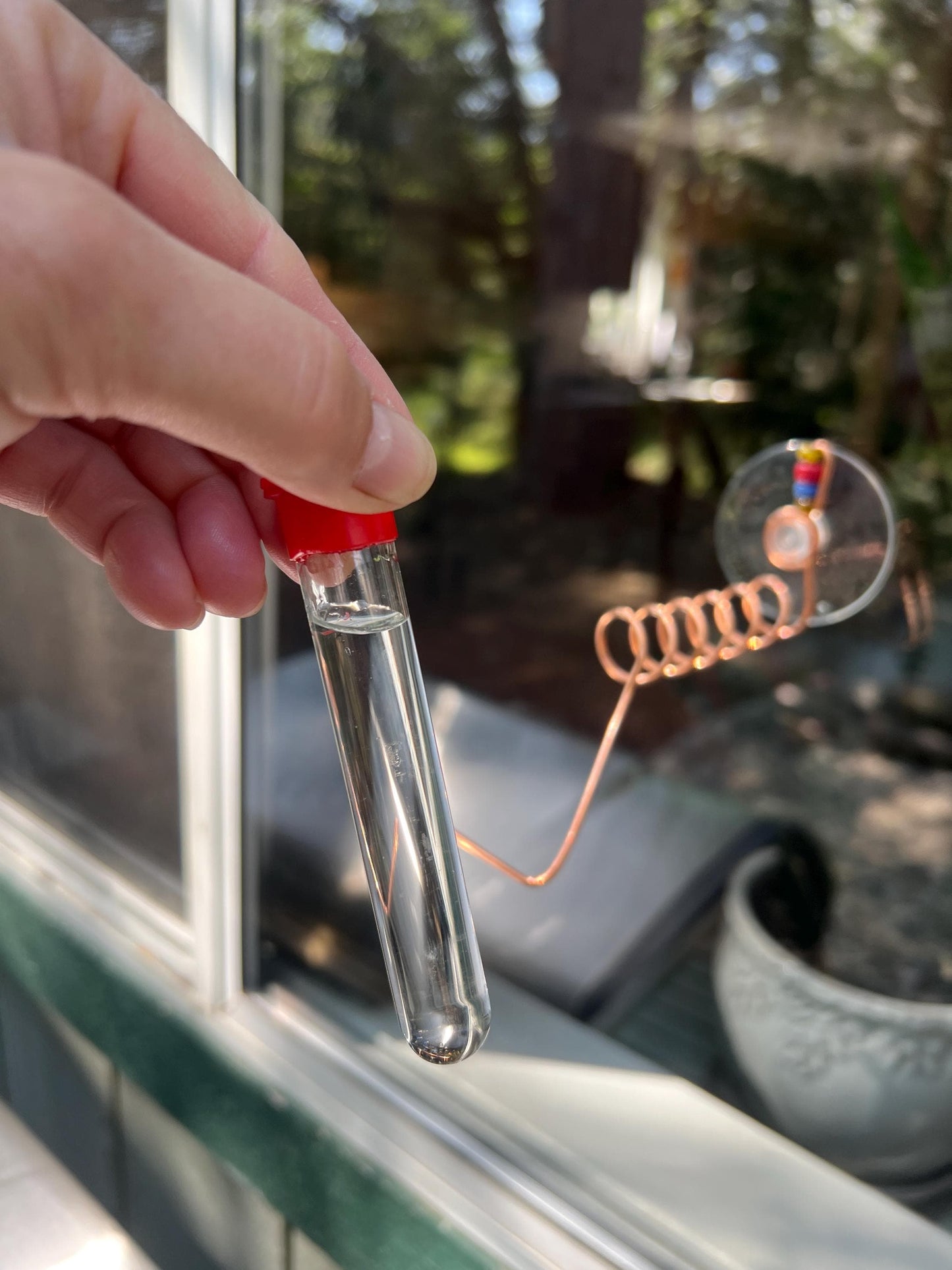 Test Tube Hummingbird feeder for window, Suction cup mount and Copper hummingbird feeder.