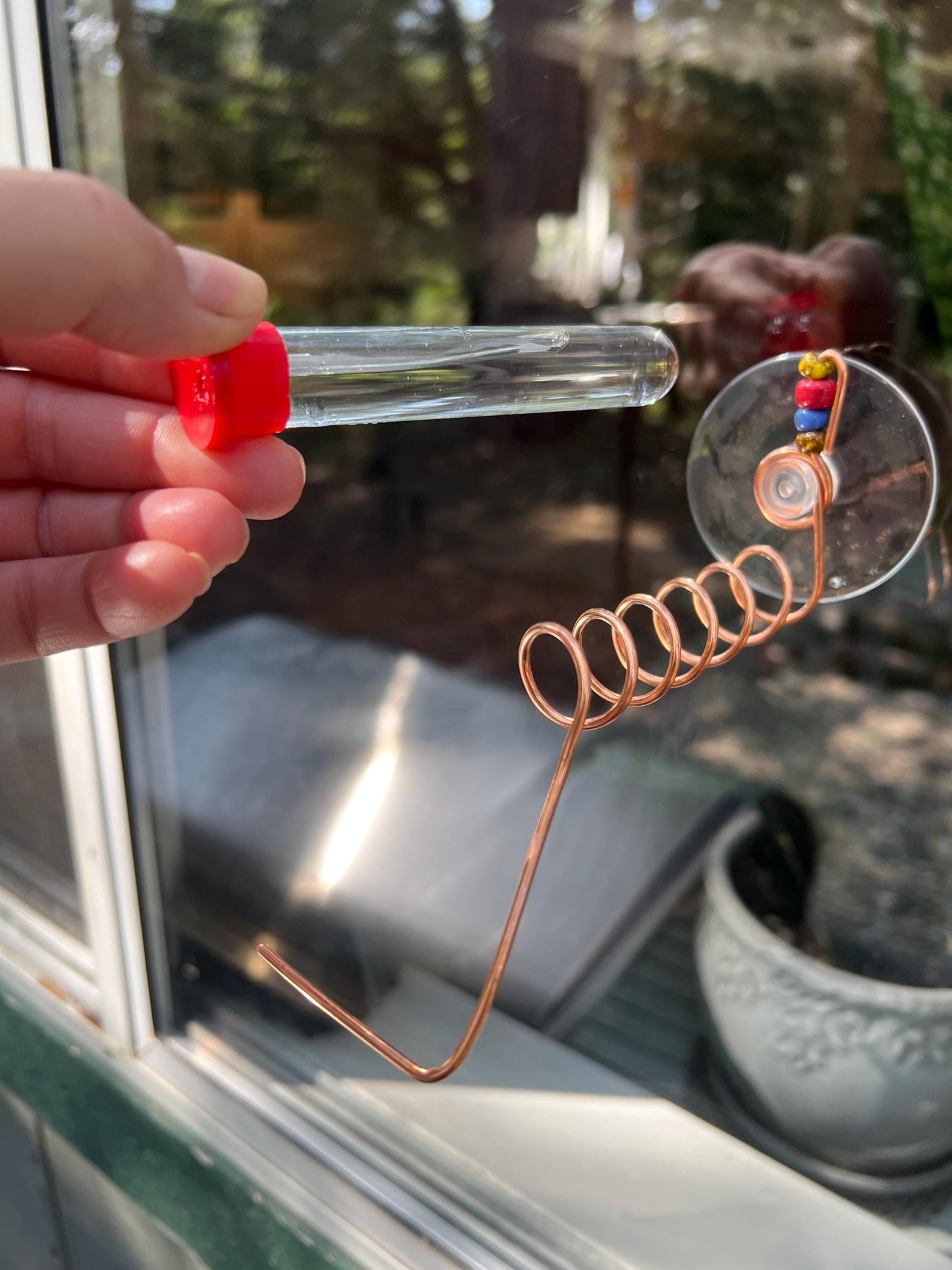 Test Tube Hummingbird feeder for window, Suction cup mount and Copper hummingbird feeder.