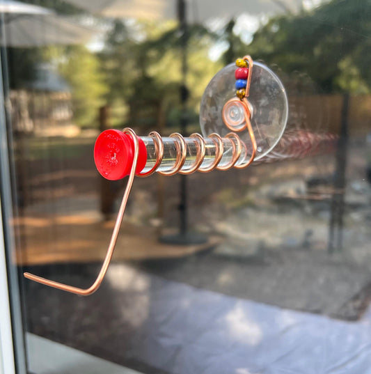 Test Tube Hummingbird feeder for window, Suction cup mount and Copper hummingbird feeder.