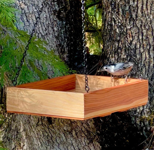 Redwood Platform Tray Bird Feeder, Large hanging bird feeder, includes seed.